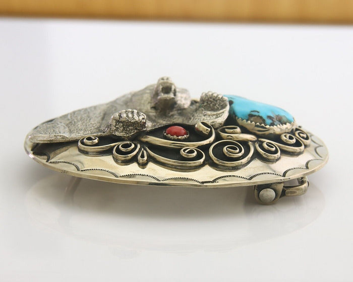 Navajo Belt Buckle .999 Nickel Buffalo Gemstone Handmade 2.5 x 3.0 in C.80's