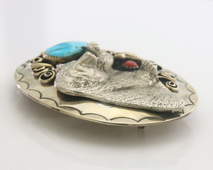 Navajo Belt Buckle .999 Nickel Buffalo Gemstone Handmade 2.5 x 3.0 in C.80's