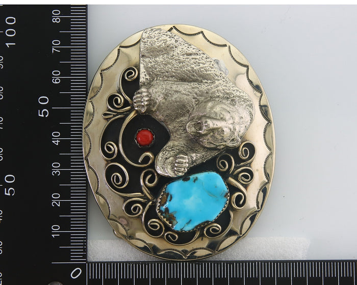 Navajo Belt Buckle .999 Nickel Buffalo Gemstone Handmade 2.5 x 3.0 in C.80's