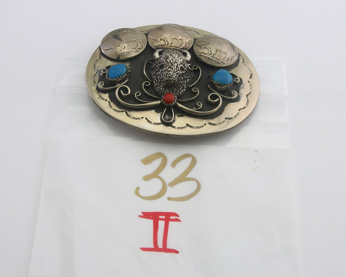 Navajo Belt Buckle .999 Nickel Buffalo Gemstone Handmade 2.5 x 3.0 in C.80's