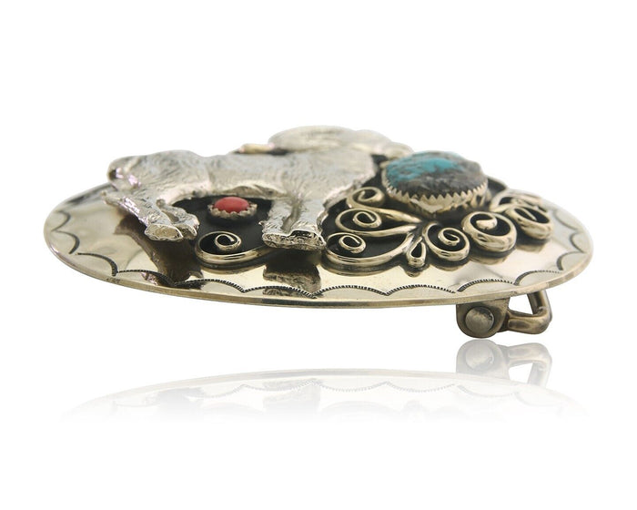 Navajo Belt Buckle .999 Nickel Buffalo Gemstone Signed 2.35 x 3.0 in C.80's