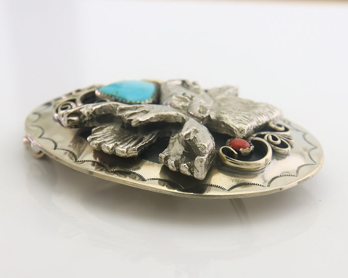Navajo Belt Buckle .999 Nickel Buffalo Gemstone Signed 2.35 x 3.0 in C.80's