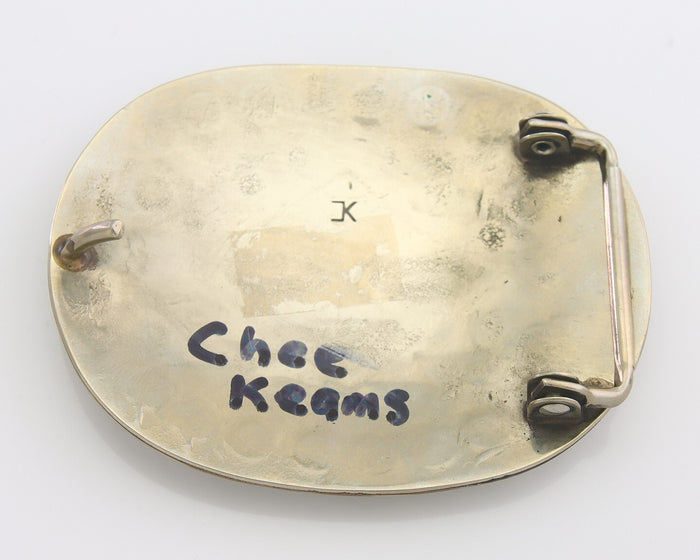 Navajo Belt Buckle .999 Nickel Buffalo Gemstone Signed Chee Keams 2.25x3.0 C.80s