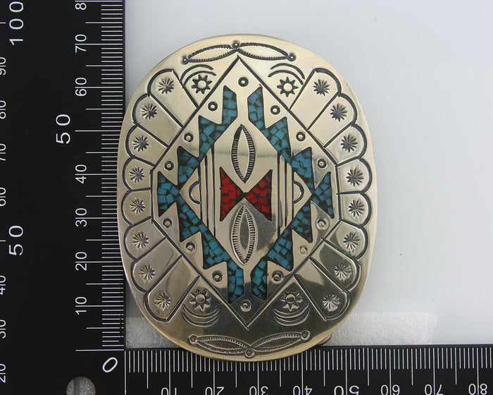 Navajo Belt Buckle .999 Nickel Buffalo Gemstone Signed Chee Keams 2.25x3.0 C.80s