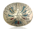 Navajo Belt Buckle .999 Nickel Buffalo Gemstone Signed Chee Keams 3x3.5 in C.80s