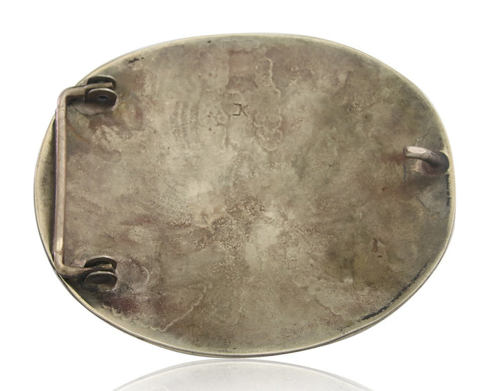 Navajo Belt Buckle .999 Nickel Buffalo Gemstone Signed Chee Keams 3x3.5 in C.80s