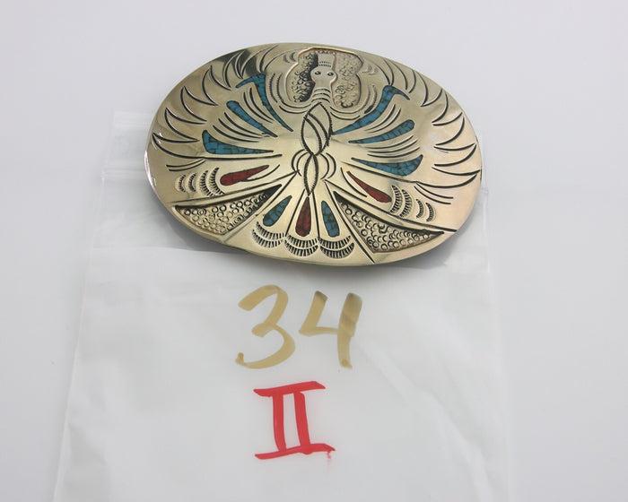 Navajo Belt Buckle .999 Nickel Buffalo Gemstone Signed Chee Keams 3x3.5 in C.80s