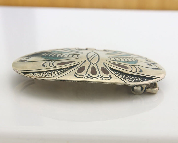 Navajo Belt Buckle .999 Nickel Buffalo Gemstone Signed Chee Keams C.80s