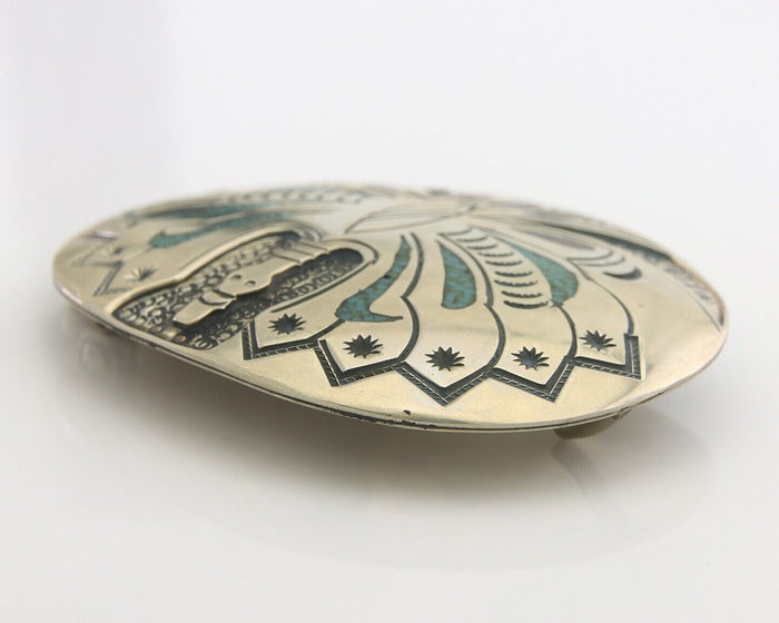 Navajo Belt Buckle .999 Nickel Buffalo Gemstone Signed Chee Keams C.80s