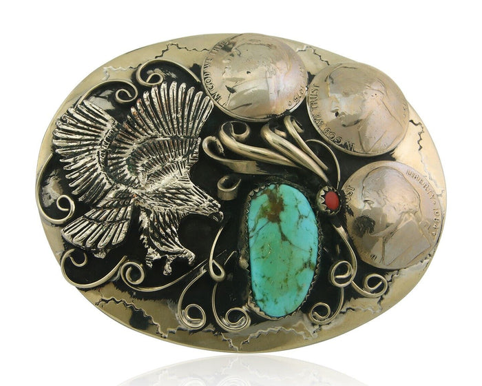 Navajo Belt Buckle .999 Nickel Buffalo Gemstone Signed Squaw Wrap 2.5x3.0in C80s