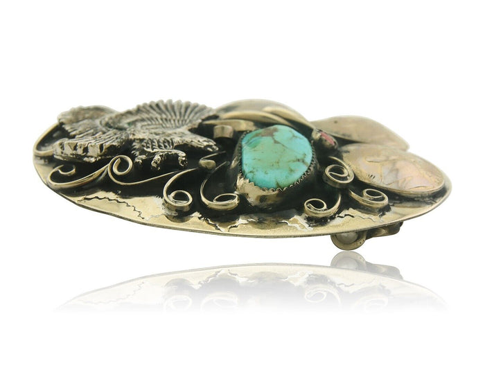 Navajo Belt Buckle .999 Nickel Buffalo Gemstone Signed Squaw Wrap 2.5x3.0in C80s
