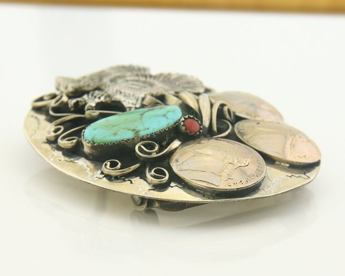 Navajo Belt Buckle .999 Nickel Buffalo Gemstone Signed Squaw Wrap 2.5x3.0in C80s
