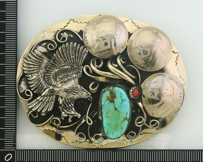 Navajo Belt Buckle .999 Nickel Buffalo Gemstone Signed Squaw Wrap 2.5x3.0in C80s