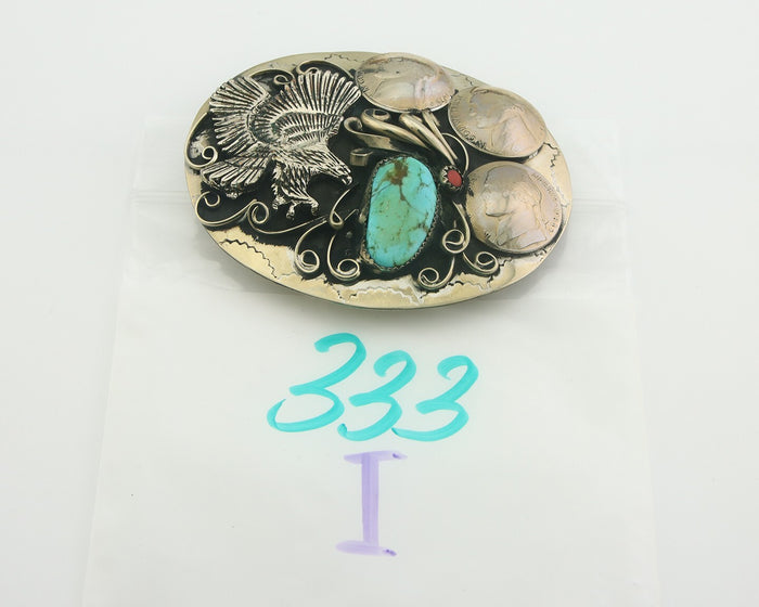 Navajo Belt Buckle .999 Nickel Buffalo Gemstone Signed Squaw Wrap 2.5x3.0in C80s