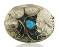Navajo Belt Buckle .999 Nickel Buffalo Gemstone Signed Squaw Wray 2.5x3.0 in C80