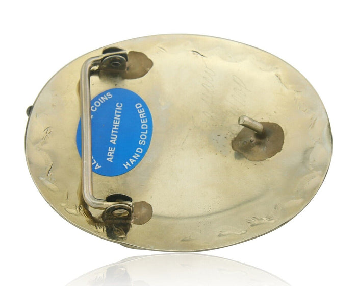 Navajo Belt Buckle .999 Nickel Buffalo Gemstone Signed Squaw Wray 2.5x3.0 in C80