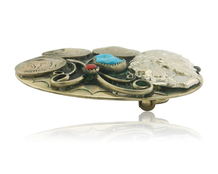 Navajo Belt Buckle .999 Nickel Buffalo Gemstone Signed Squaw Wray 2.5x3.0 in C80