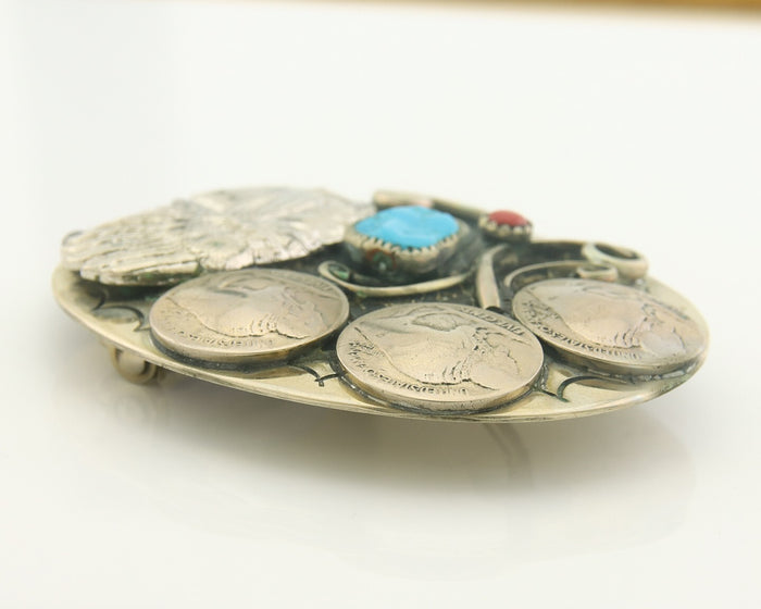 Navajo Belt Buckle .999 Nickel Buffalo Gemstone Signed Squaw Wray 2.5x3.0 in C80