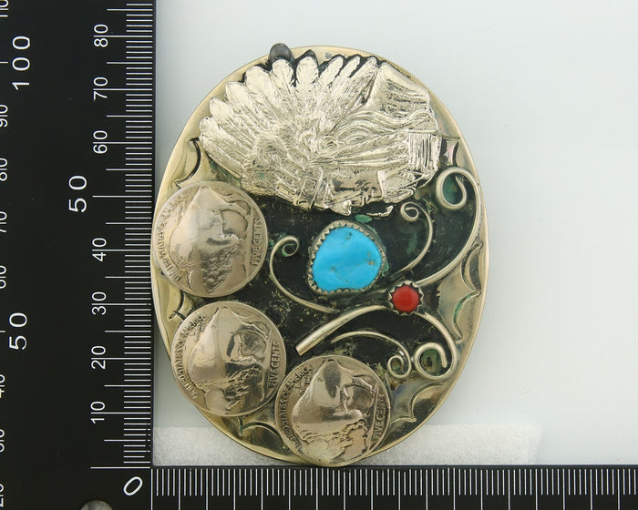 Navajo Belt Buckle .999 Nickel Buffalo Gemstone Signed Squaw Wray 2.5x3.0 in C80