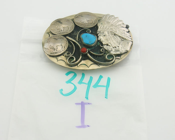 Navajo Belt Buckle .999 Nickel Buffalo Gemstone Signed Squaw Wray 2.5x3.0 in C80