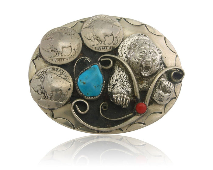 Navajo Belt Buckle .999 Nickel Buffalo Gemstone Signed W.O.W. 2.35x3.0 in C.80's