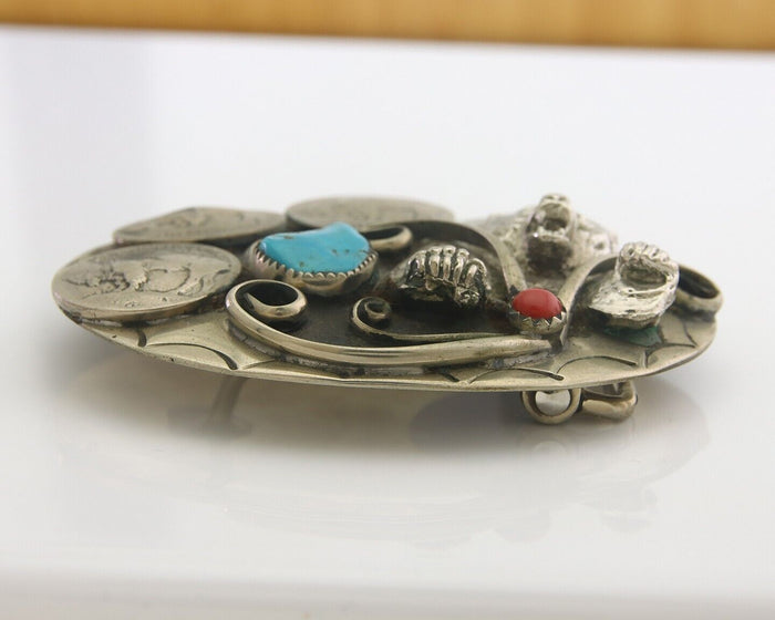 Navajo Belt Buckle .999 Nickel Buffalo Gemstone Signed W.O.W. 2.35x3.0 in C.80's