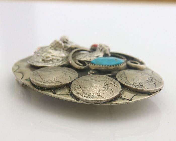 Navajo Belt Buckle .999 Nickel Buffalo Gemstone Signed W.O.W. 2.35x3.0 in C.80's