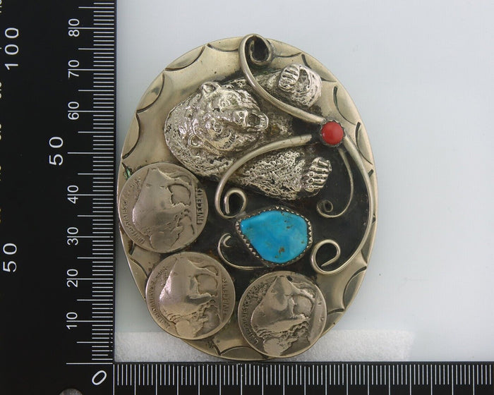 Navajo Belt Buckle .999 Nickel Buffalo Gemstone Signed W.O.W. 2.35x3.0 in C.80's