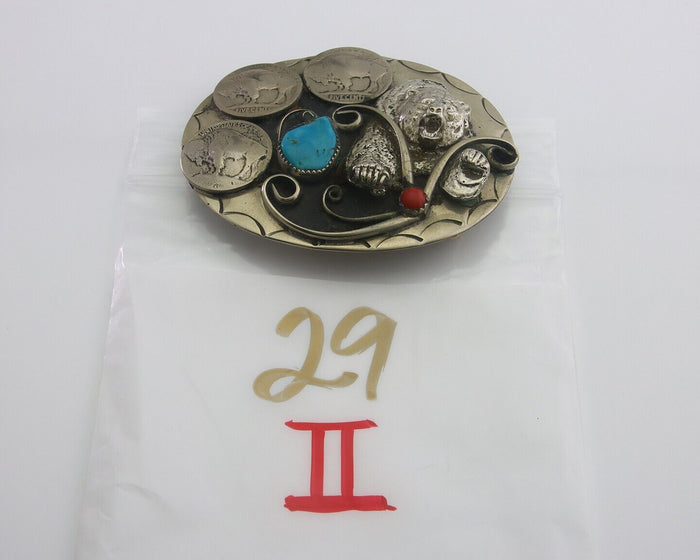 Navajo Belt Buckle .999 Nickel Buffalo Gemstone Signed W.O.W. 2.35x3.0 in C.80's