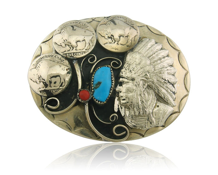 Navajo Belt Buckle .999 Nickel Buffalo Gemstone Signed W.O.W. 2.5x3.0 in C.80's