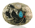 Navajo Belt Buckle .999 Nickel Buffalo Gemstone Signed W.O.W. 2.5x3.0 in C.80's