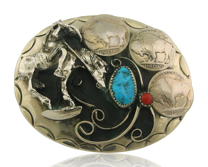 Navajo Belt Buckle .999 Nickel Buffalo Gemstone Signed W.O.W. 2.5x3.0 in C.80's