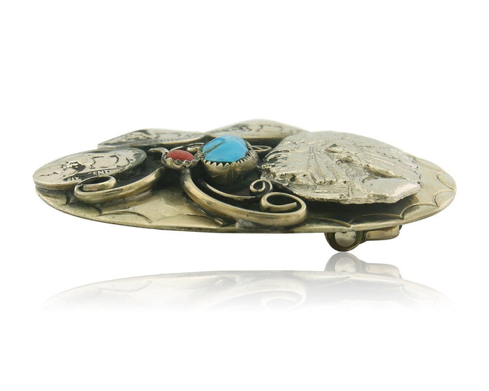 Navajo Belt Buckle .999 Nickel Buffalo Gemstone Signed W.O.W. 2.5x3.0 in C.80's