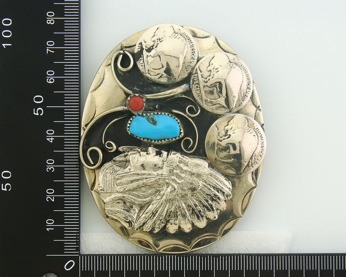 Navajo Belt Buckle .999 Nickel Buffalo Gemstone Signed W.O.W. 2.5x3.0 in C.80's