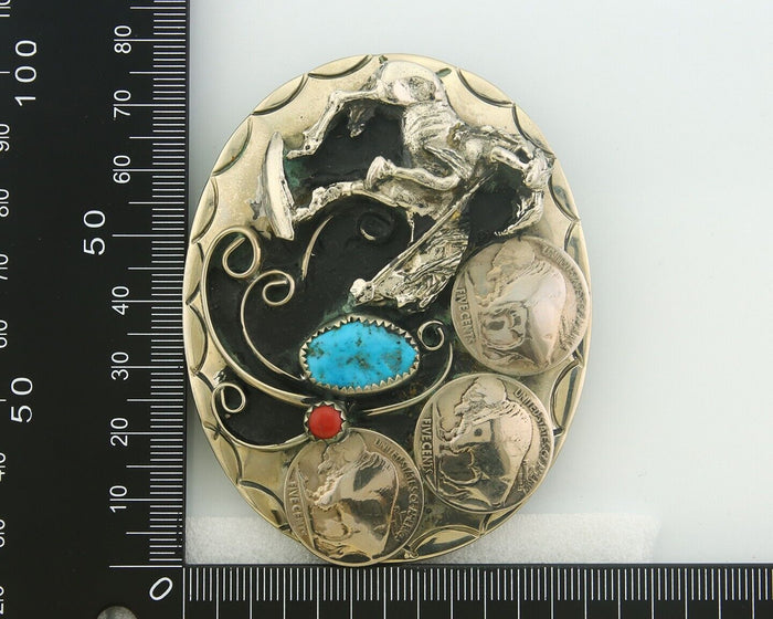 Navajo Belt Buckle .999 Nickel Buffalo Gemstone Signed W.O.W. 2.5x3.0 in C.80's