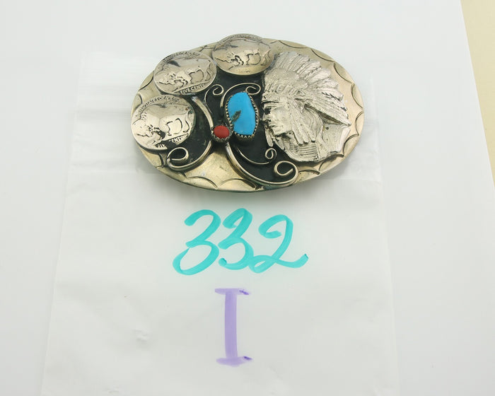 Navajo Belt Buckle .999 Nickel Buffalo Gemstone Signed W.O.W. 2.5x3.0 in C.80's