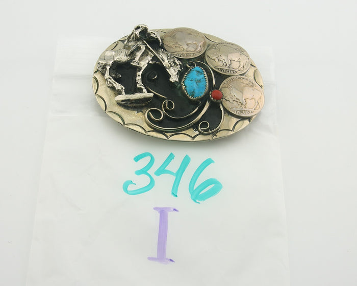Navajo Belt Buckle .999 Nickel Buffalo Gemstone Signed W.O.W. 2.5x3.0 in C.80's
