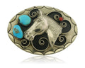 Navajo Belt Buckle .999 Nickel Gemstone Horse Head Handmade 2.5 x 3.5 in C.80's