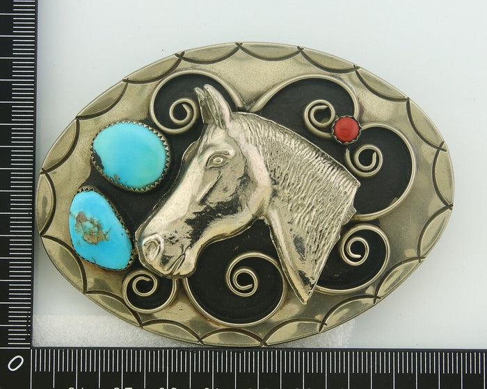 Navajo Belt Buckle .999 Nickel Gemstone Horse Head Handmade 2.5 x 3.5 in C.80's