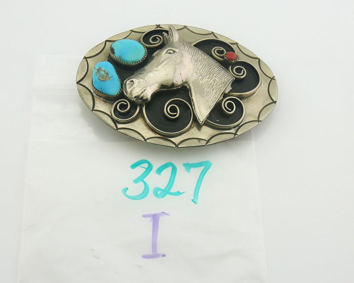 Navajo Belt Buckle .999 Nickel Gemstone Horse Head Handmade 2.5 x 3.5 in C.80's
