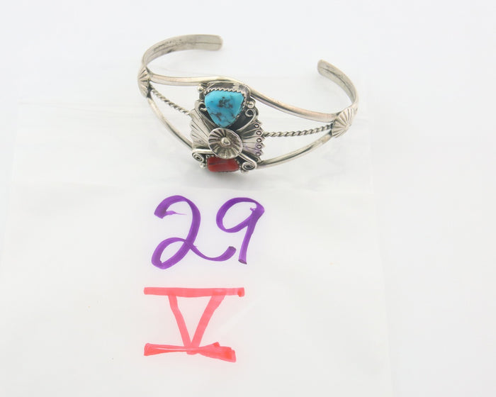Navajo Bracelet 925 Silver Coral & Turquoise Cuff Signed AR Arrow C.80's