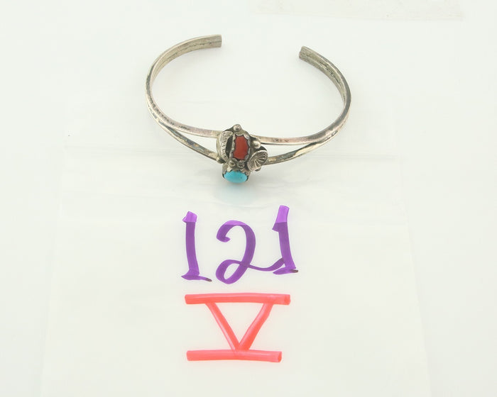 Navajo Bracelet 925 Silver Coral & Turquoise Cuff Signed C.80's
