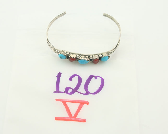 Navajo Bracelet 925 Silver Coral & Turquoise Cuff Signed D C.80's
