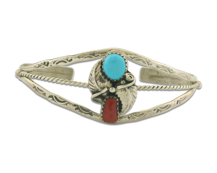 Navajo Bracelet 925 Silver Coral & Turquoise Cuff Signed Running Bear C.80's