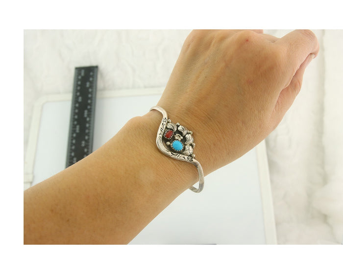 Navajo Bracelet 925 Silver Coral & Turquoise Cuff Signed Running Bear C.80's