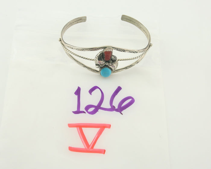 Navajo Bracelet 925 Silver Coral & Turquoise Cuff Signed Running Bear C.80's