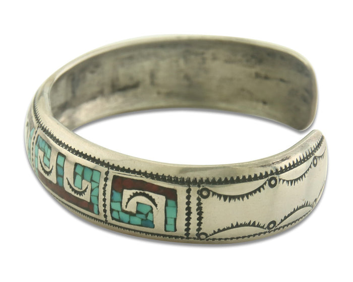 Navajo Bracelet 925 Silver Inlaid Coral Turquoise Cuff Artist Signed LB C.80's