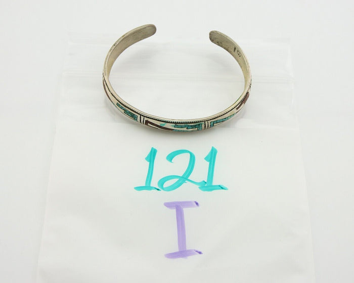 Navajo Bracelet 925 Silver Inlaid Coral & Turquoise Cuff Artist Signed LB C.80's