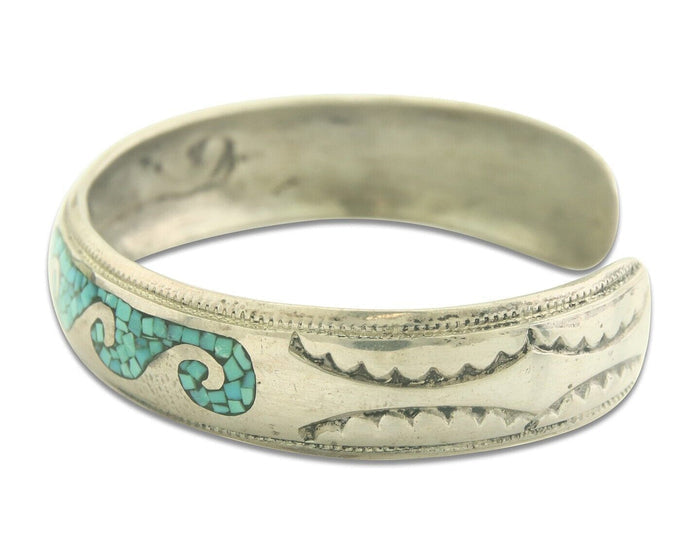 Navajo Bracelet 925 Silver Inlaid Turquoise Cuff Artist Signed LB C.80's