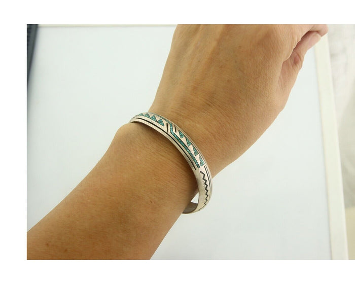 Navajo Bracelet 925 Silver Inlaid Turquoise Cuff Artist Signed Stanley Bain C.80